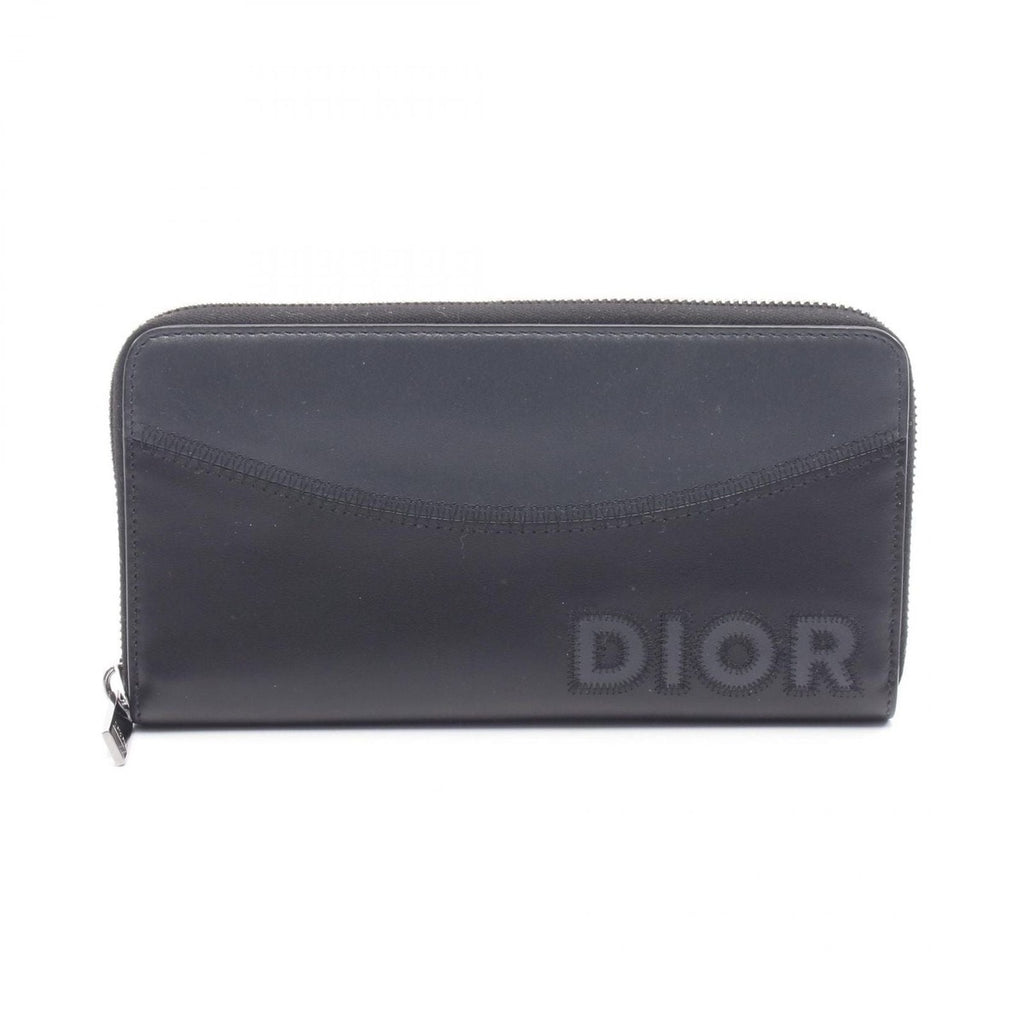 Dior Round Long Wallet Logo Black Gray Leather