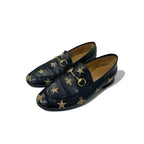 Gucci Loafer Leather Shoes Black Gold Horsebit Star Bee Embroidery Flat