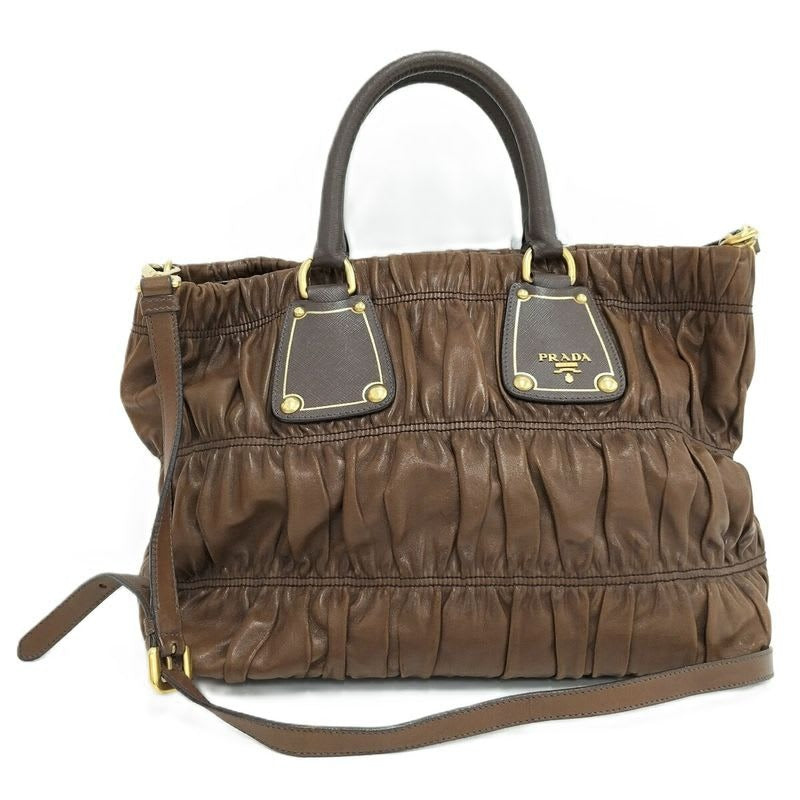 Prada Gathered 2-Way Shoulder Bag Leather Brown