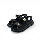 Chanel Sandals Shoes Leather Black Gold CC Logo Quilted Camellia Rhinestone