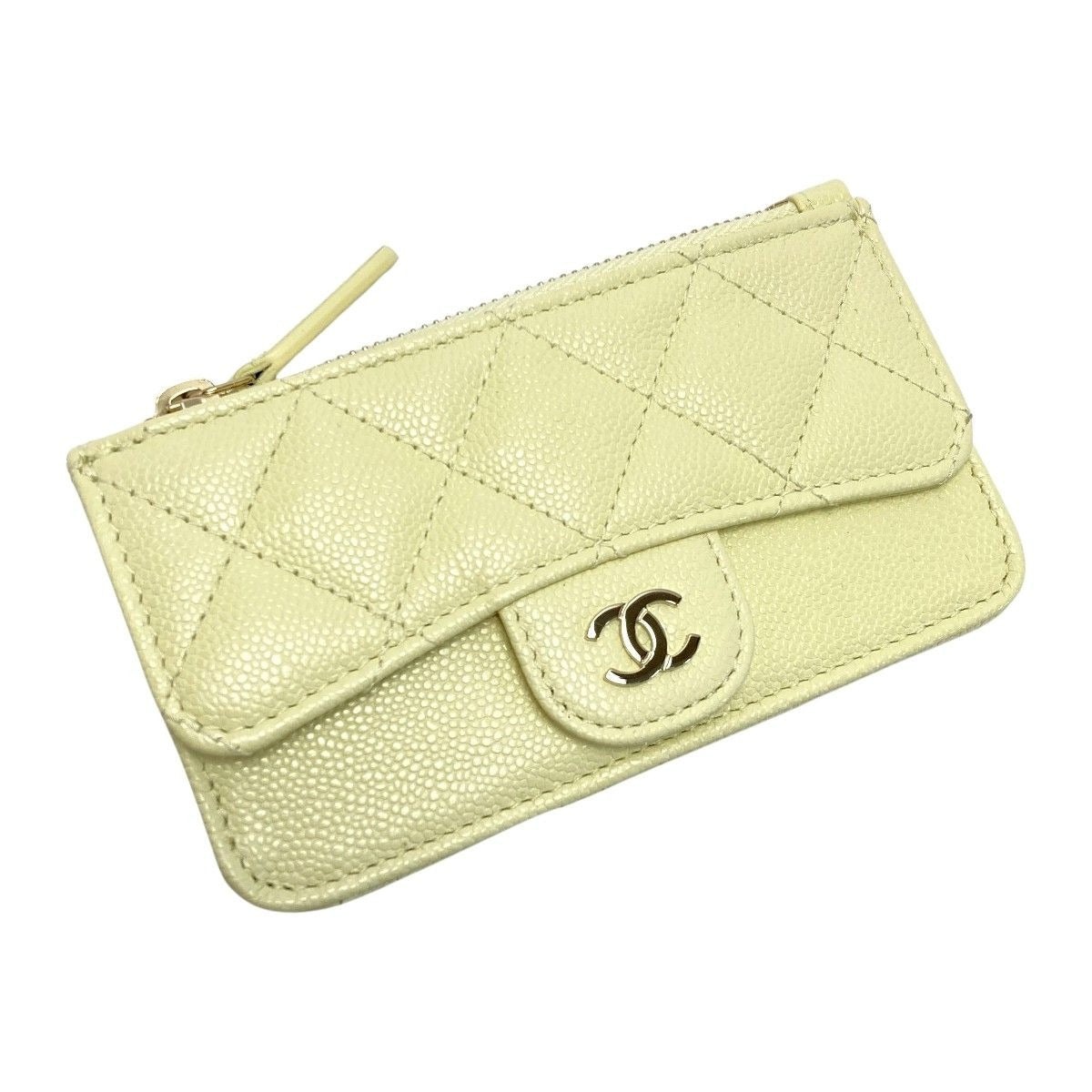 Chanel Quilted Classic Card Case Ap2570 Light Yellow Caviar Leather Coin — view 2