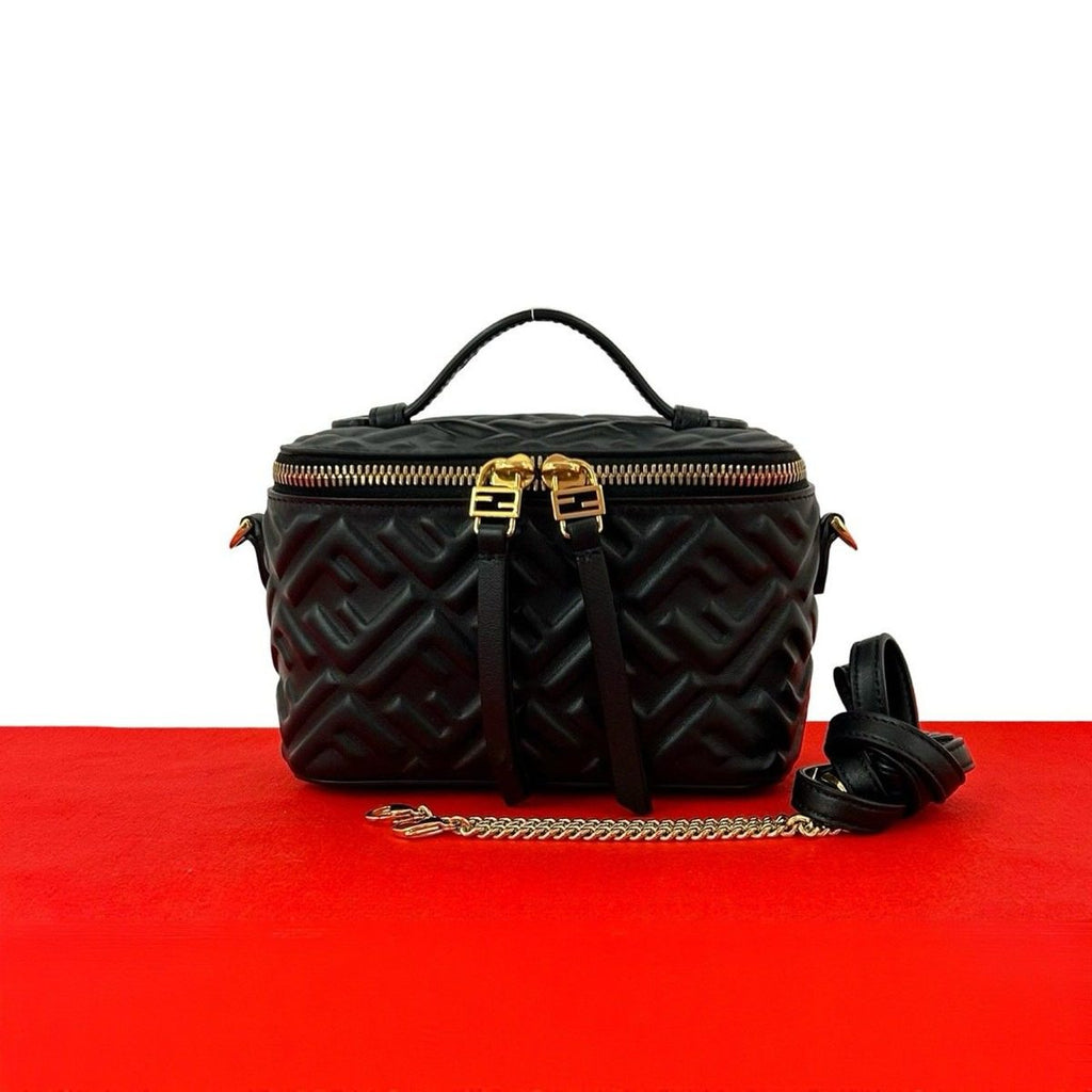 Fendi FF Logo Embossed Leather 2-Way Vanity Chain Shoulder Bag Black