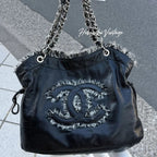 Chanel CC Logo Chain Shoulder Bag Black Leather Vintage