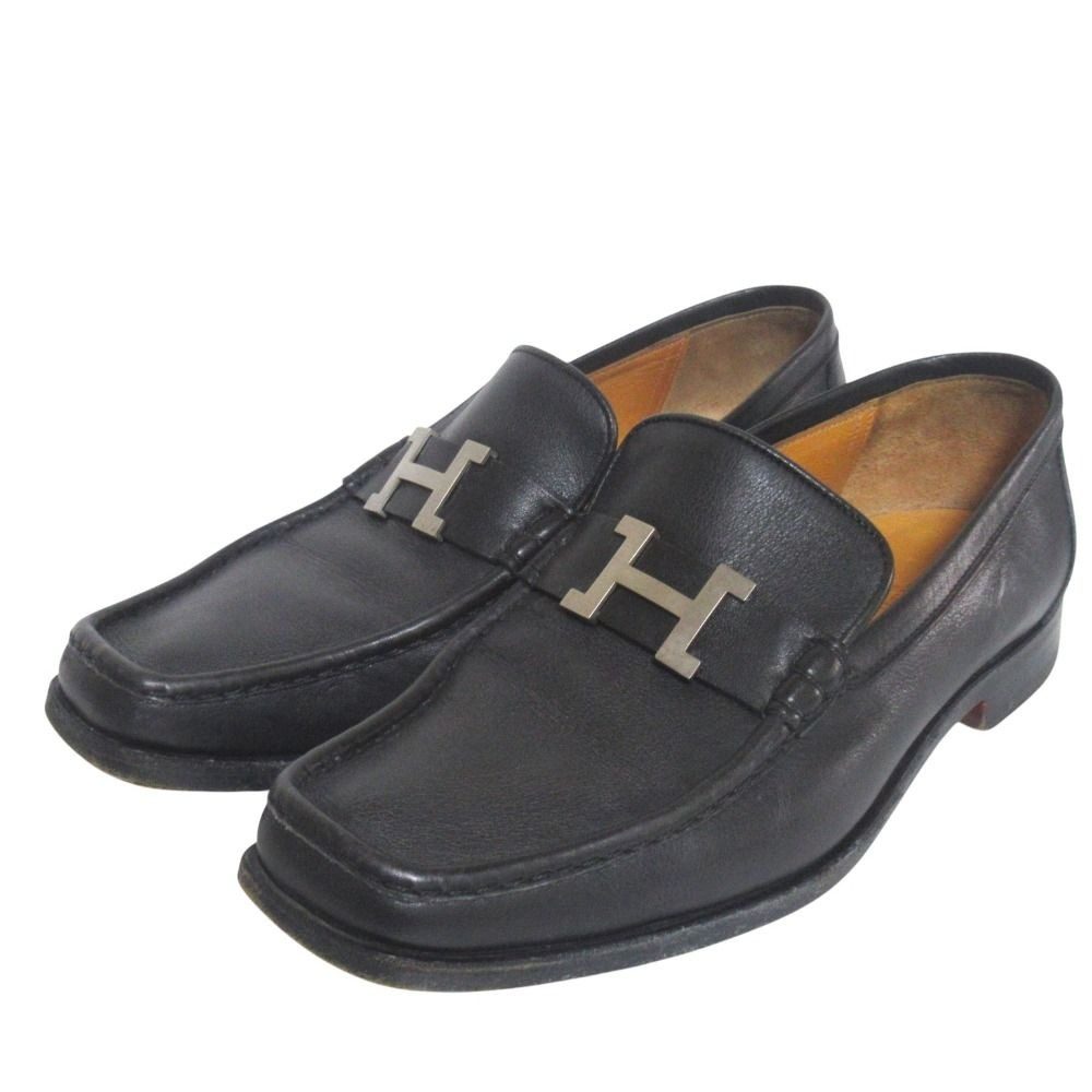 Hermes Constance H Logo Buckle Leather Loafers Shoes 39 Black Silver