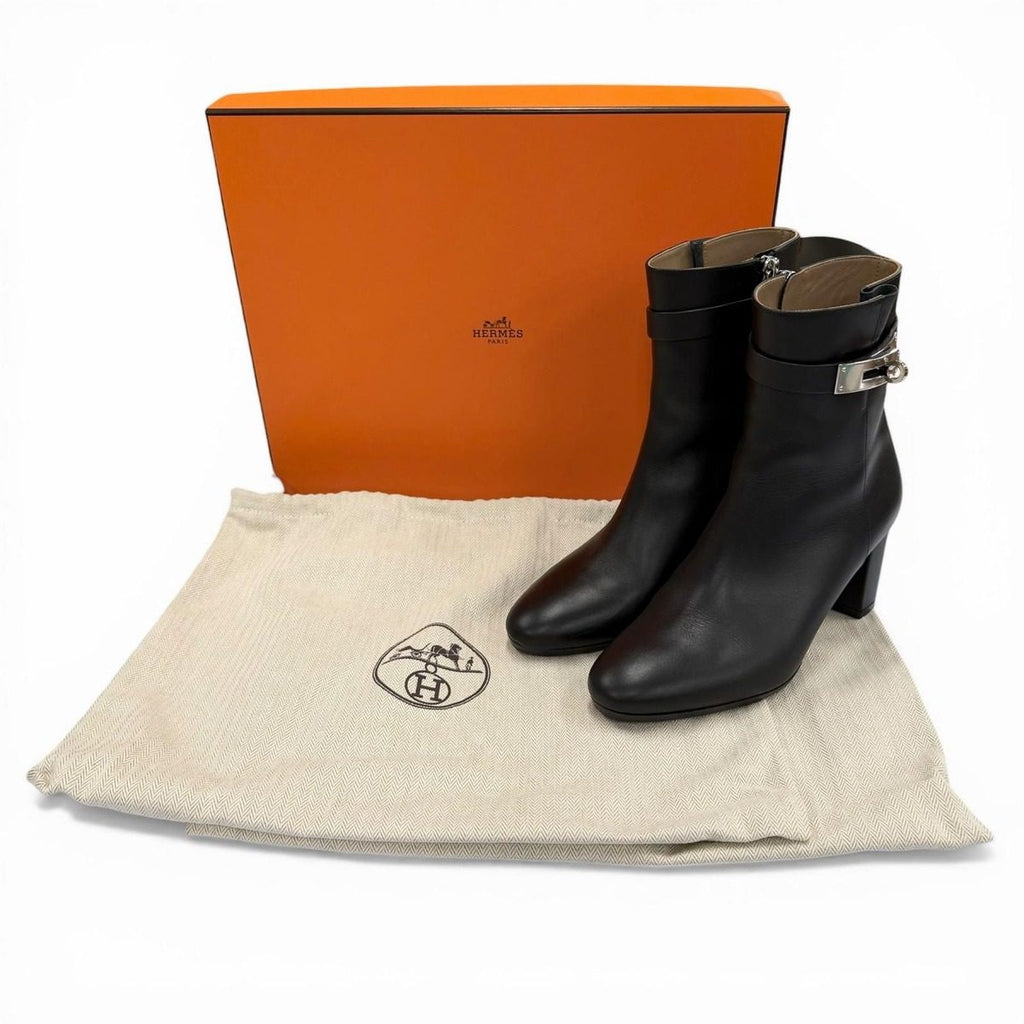 Hermes Saint Germain Silver Kelly Buckle Side Zip Leather Short Boots Black — view 2