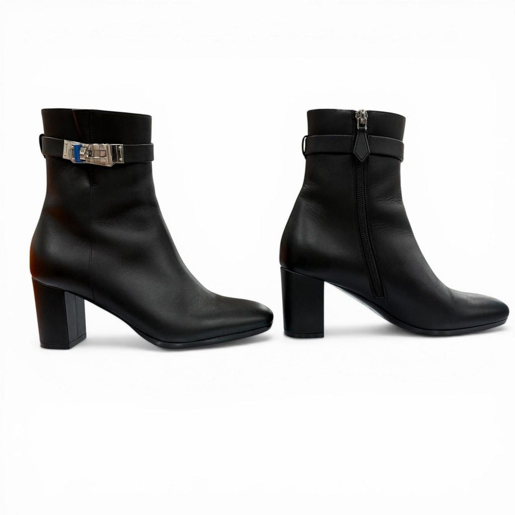 Hermes Saint Germain Silver Kelly Buckle Side Zip Leather Short Boots Black — view 9