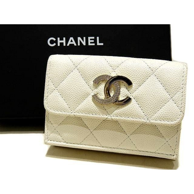 Chanel Ap4173 Small Wallet Trifold White Caviar Leather Rhinestone