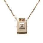 Chanel CC Logo Perfume Bottle Chain Pendant Necklace Gold Plated Faux Pearl