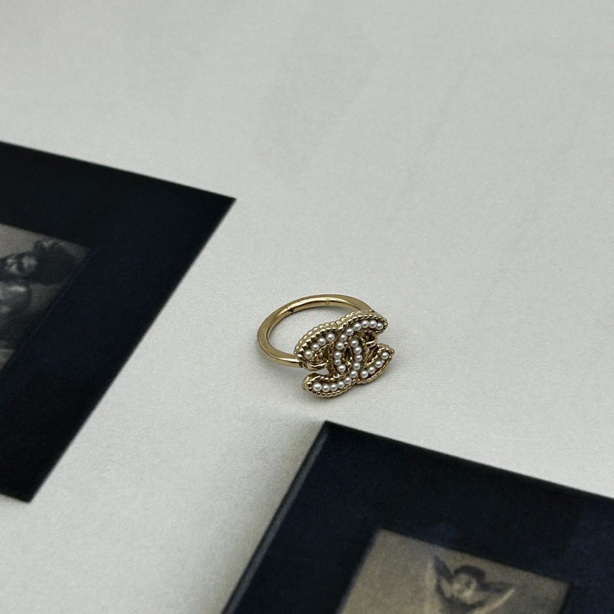 Chanel Light Togo CC Logo Pearl Decorative Ring