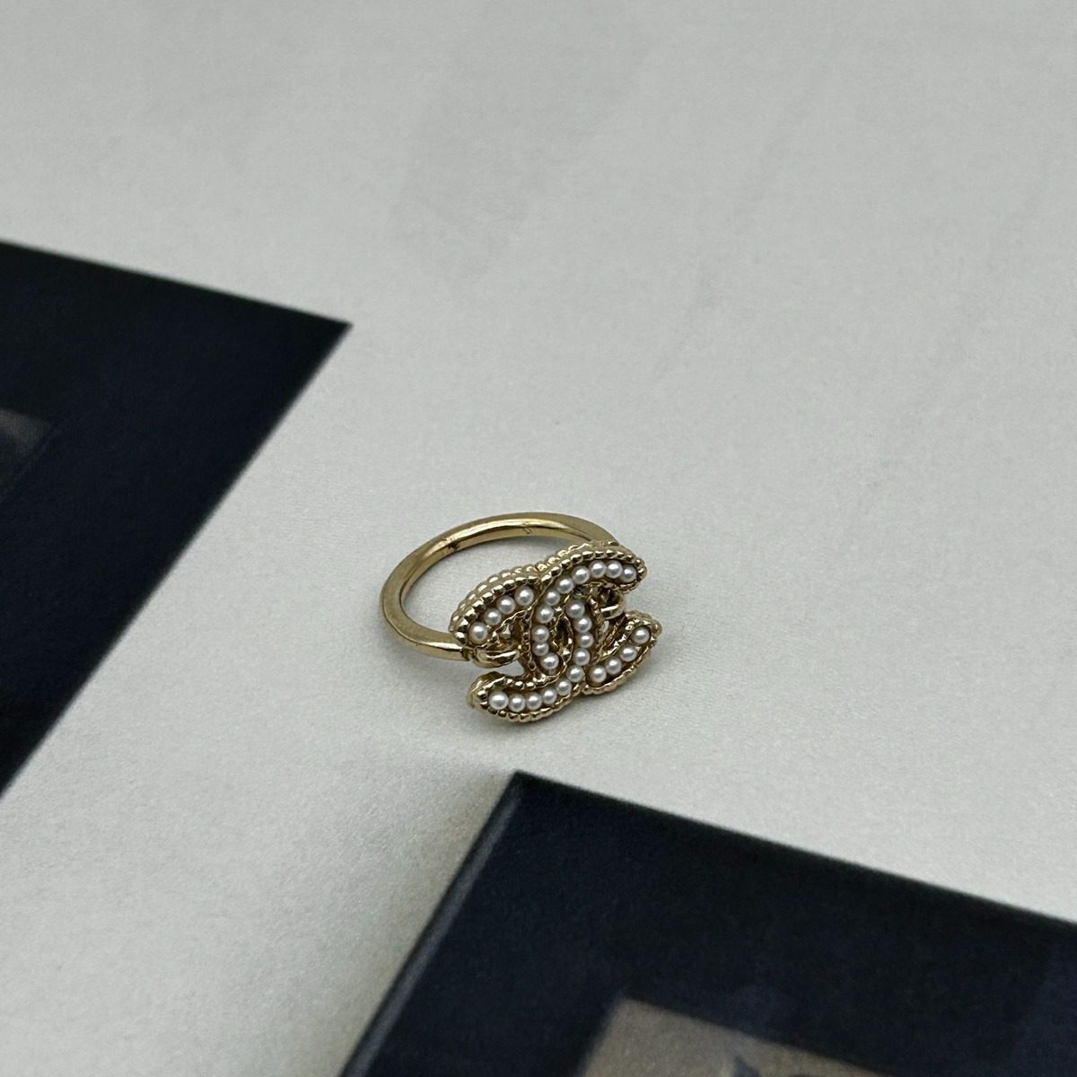 Chanel Light Togo CC Logo Pearl Decorative Ring