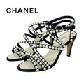 Chanel Sandals Shoes Leather Black White Coco Mark Pearl Quilted Strap