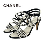 Chanel Sandals Shoes Leather Black White Coco Mark Pearl Quilted Strap