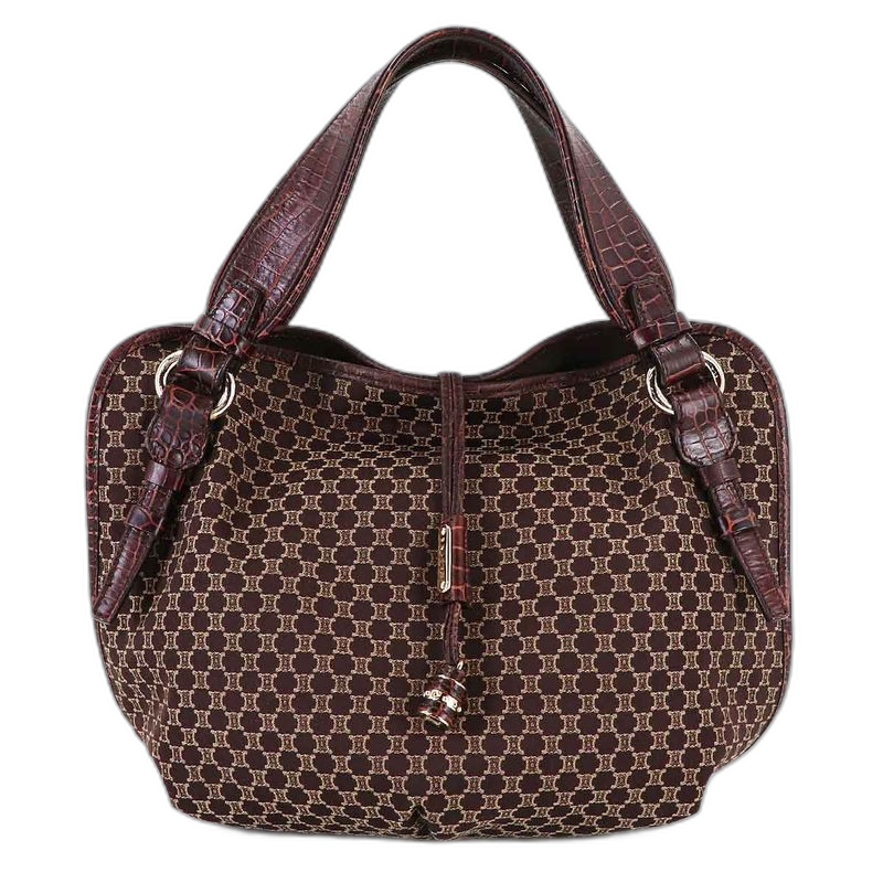 Celine Macadam Hand Bag Canvas Leather Dark Brown Gold Vintage