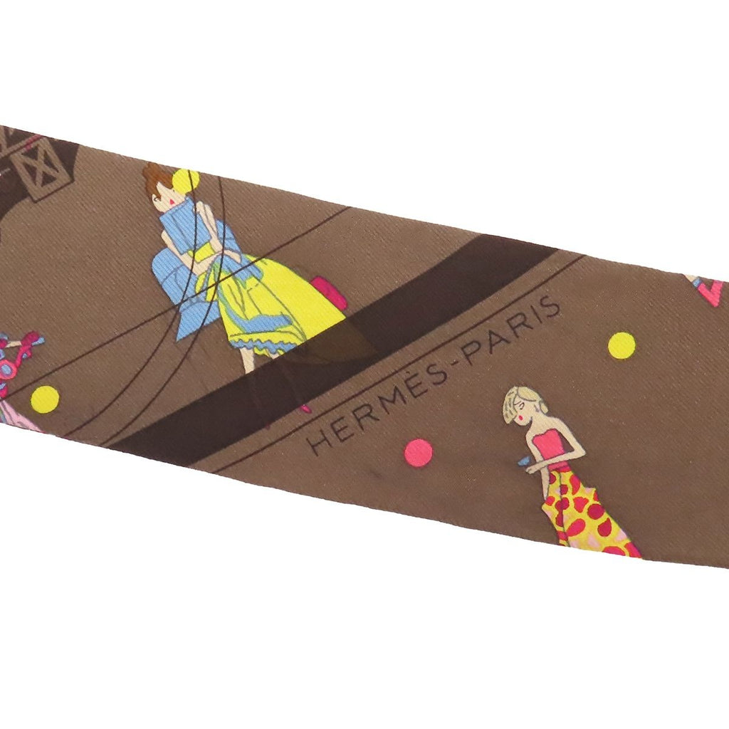 Hermes Twilly Brown Multicolor Silk Ex-libris Parisienne Scarf — view 5