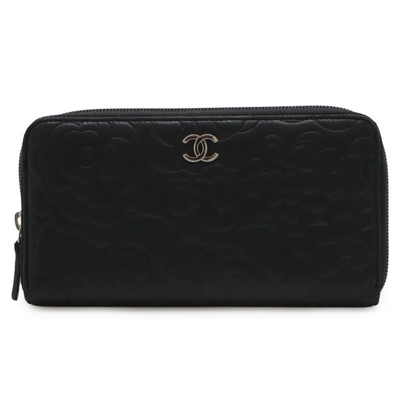 Chanel Camellia Coco Mark Zip Wallet Round Zipper Long Lambskin Leather