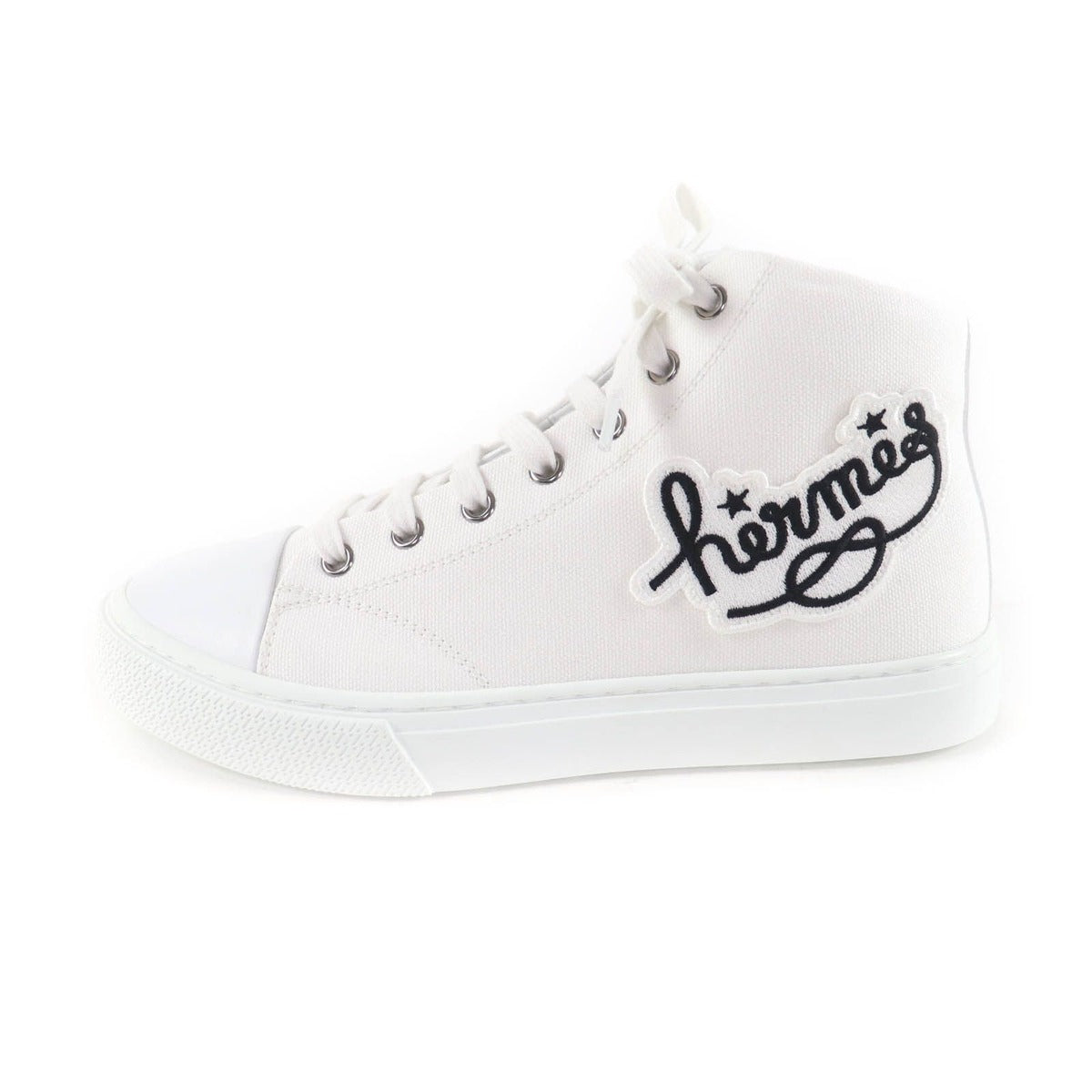 Hermes Iriko Logo Patch Canvas Leather Lace Up High Cut Sneakers White 37.5 — view 5