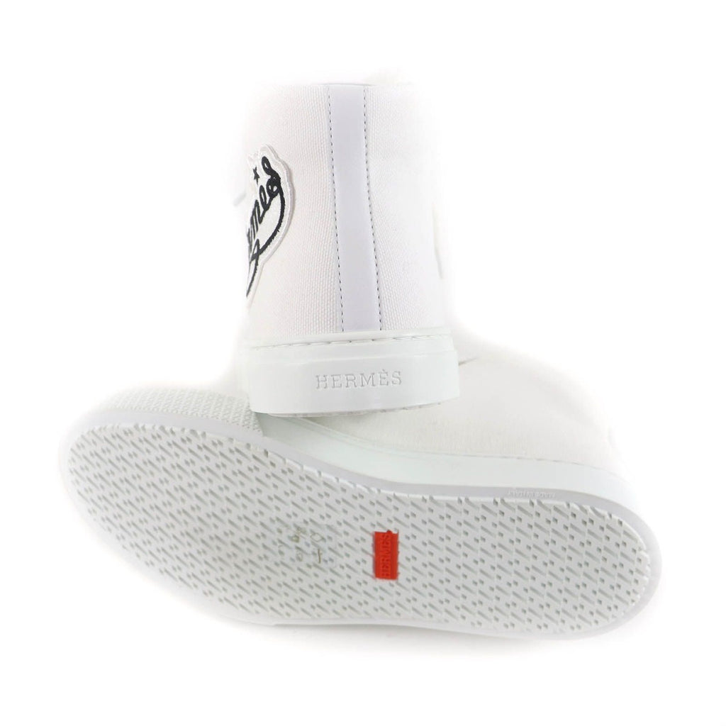 Hermes Iriko Logo Patch Canvas Leather Lace Up High Cut Sneakers White 37.5 — view 7