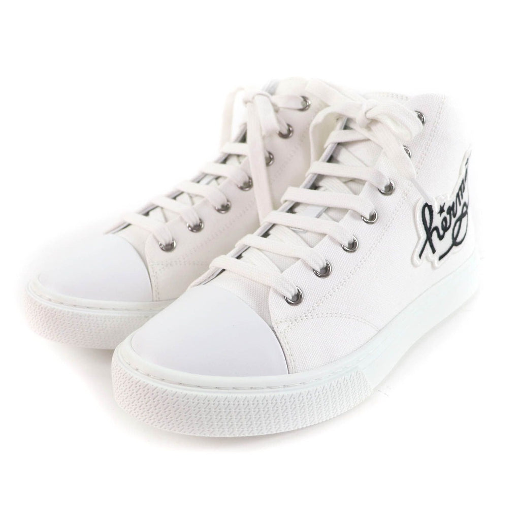 Hermes Iriko Logo Patch Canvas Leather Lace Up High Cut Sneakers White 37.5