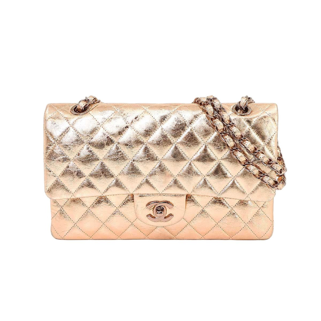 Chanel Quilted 25 Chain Shoulder Bag Leather Metallic Pink Gold Limited