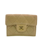 Chanel Compact Wallet Quilted Caviar Leather Trifold Beige