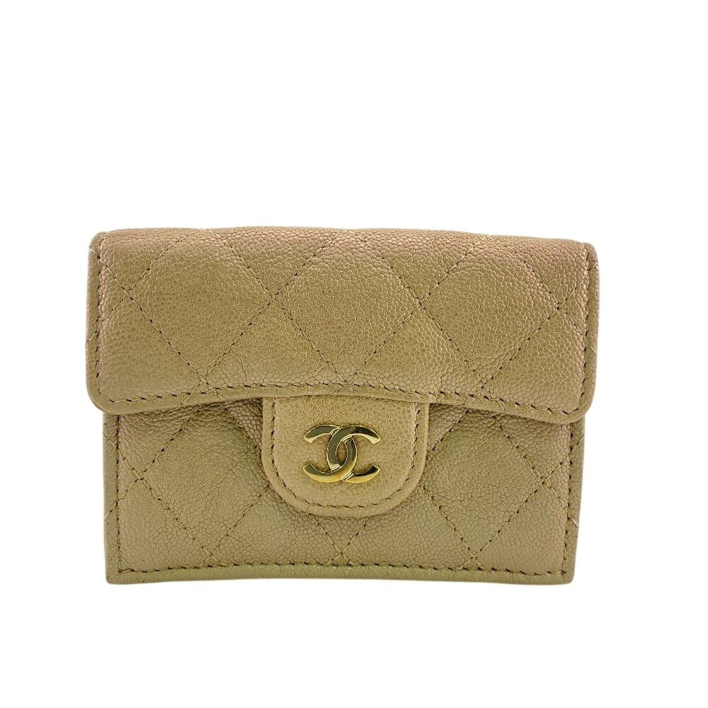 Chanel Compact Wallet Quilted Caviar Leather Trifold Beige