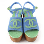 Chanel CC Logo Ankle Strap Wedge Sole Sandals Blue Green 35 — view 3