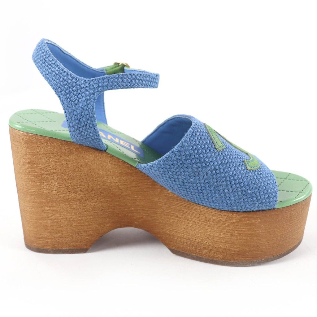 Chanel CC Logo Ankle Strap Wedge Sole Sandals Blue Green 35 — view 5