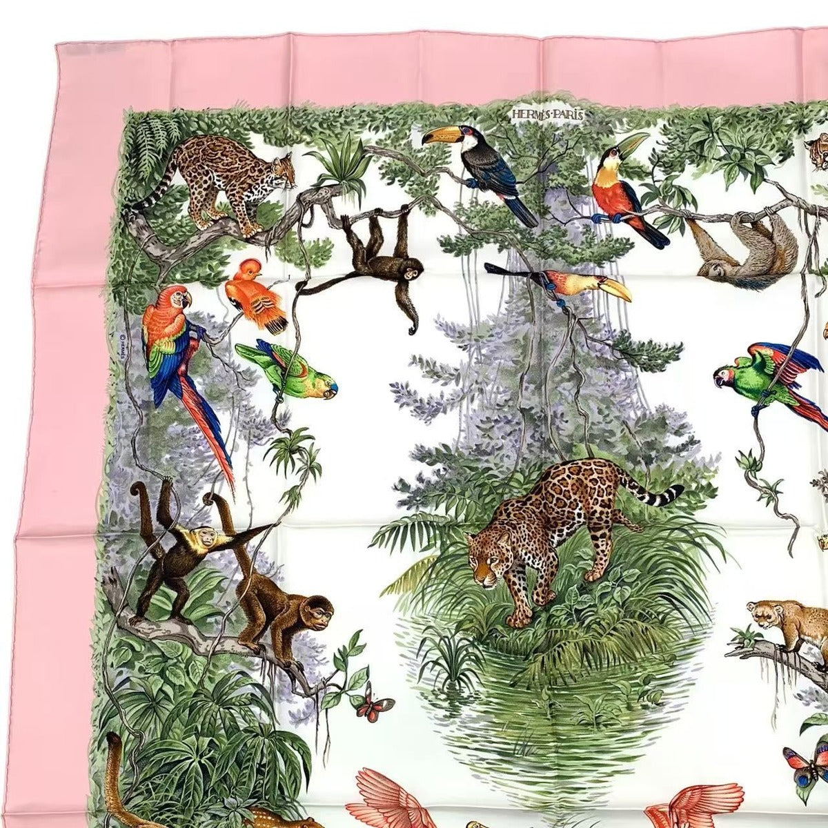 Hermes Scarf Carre 90 Equateur Equatorial Animal Bird Allover Silk Pink Bag — view 3