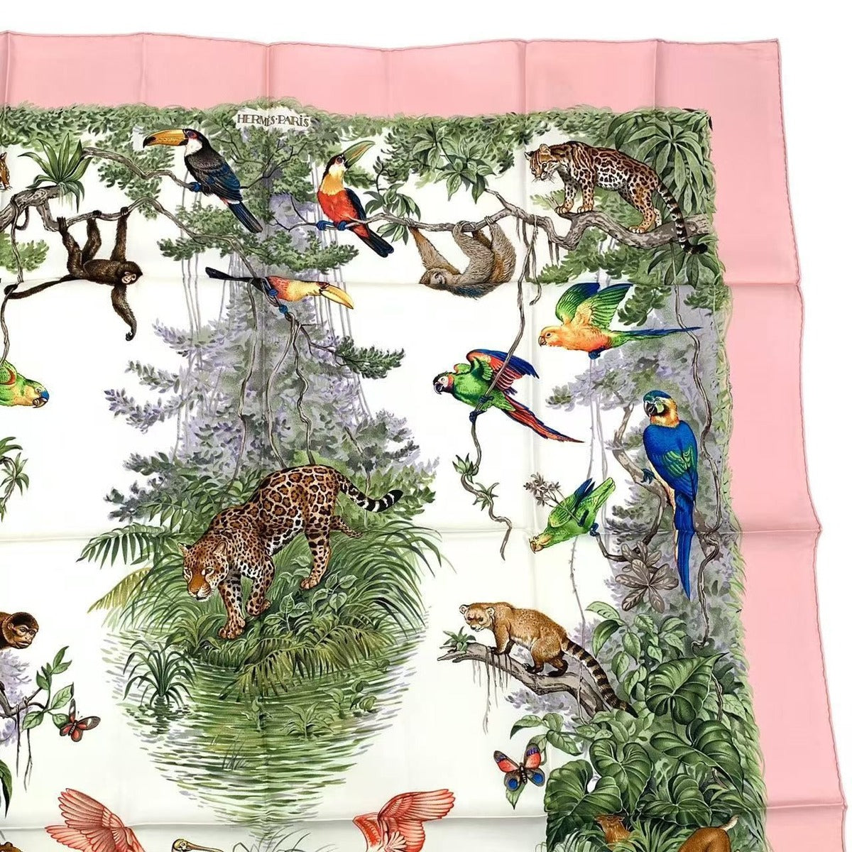 Hermes Scarf Carre 90 Equateur Equatorial Animal Bird Allover Silk Pink Bag — view 4