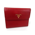 Prada Wallet Trifold Red Saffiano Leather Women Gold Hardware