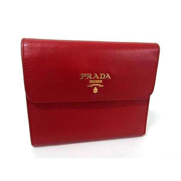 Prada Wallet Trifold Red Saffiano Leather Women Gold Hardware