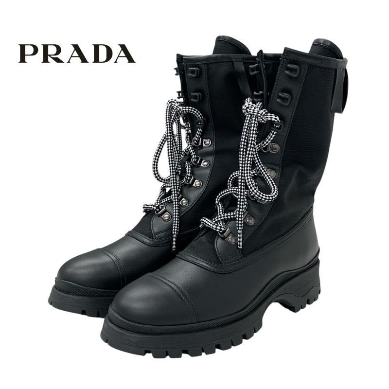 Prada Boots Short Shoes Leather Fabric Black Logo Lace Up Middle