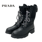 Prada Boots Short Shoes Leather Fabric Black Logo Lace Up Middle