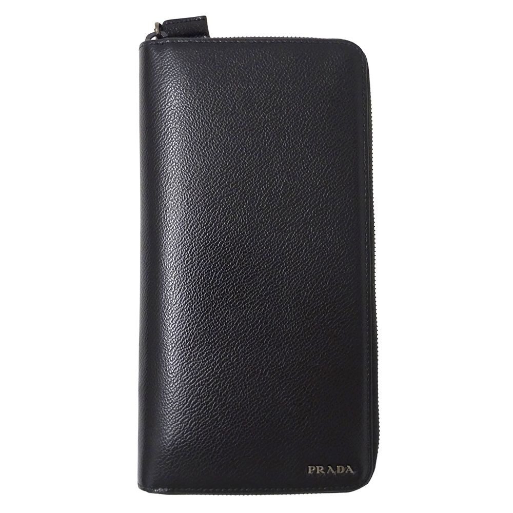 Prada Wallet Leather Black Zip Around Logo
