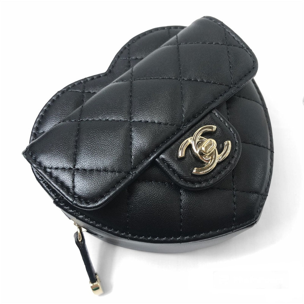 Chanel Heart Chain Wallet Quilted Lambskin Shoulder Bag Black Gold — view 3