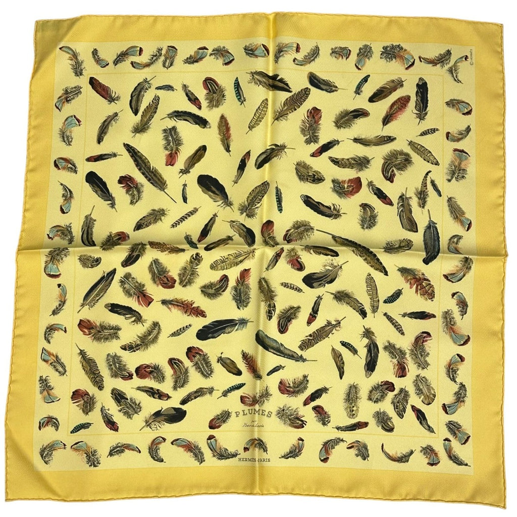 Hermes Silk Scarf Feather Print Yellow