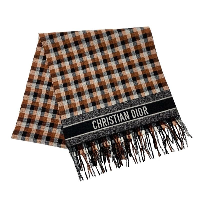 Christian Dior Muffler Wool Brown White Black Shawl Signature Logo Check Scarf