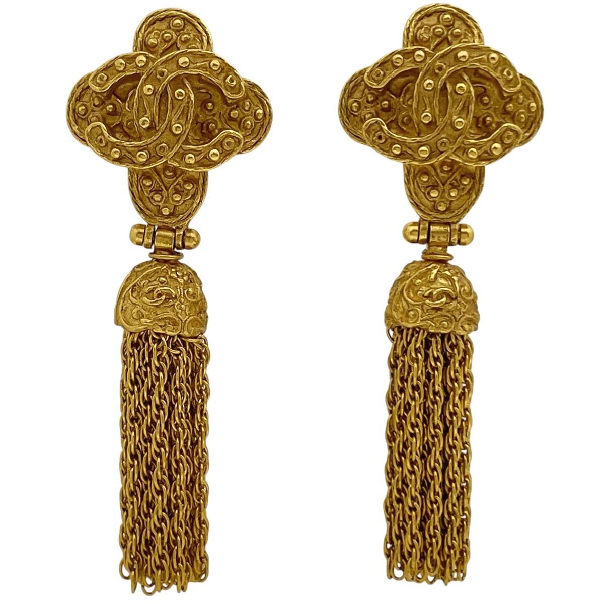 Chanel CC Logo Earrings Fringe Gold Plated