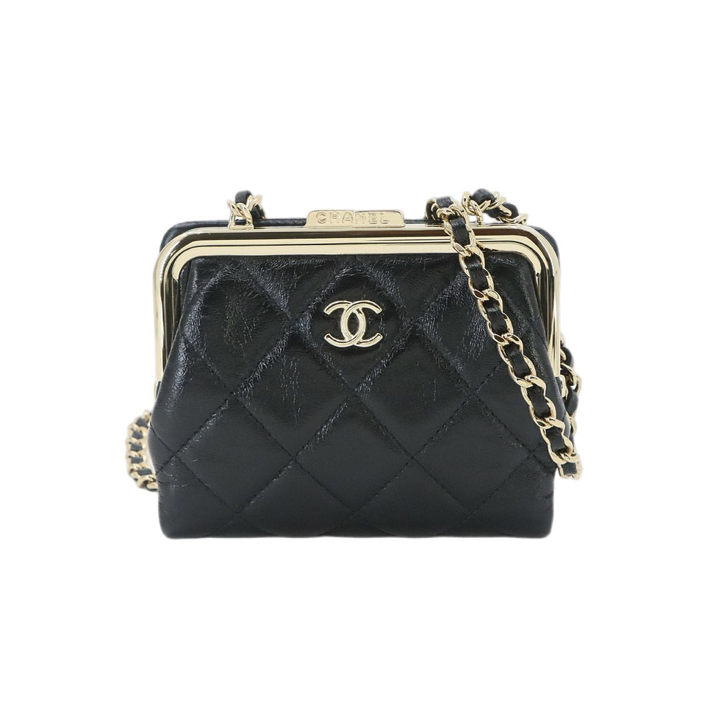 Chanel Quilted Kiss Lock Chain Wallet Leather Black Gold Shoulder