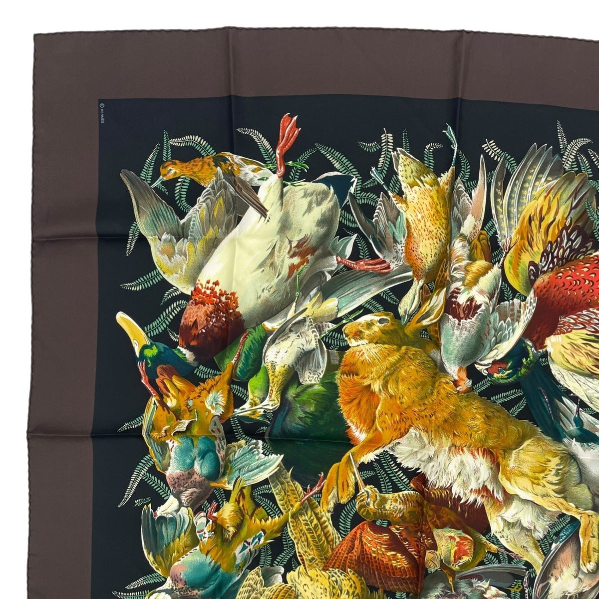 Hermes Scarf Carre 90 Gibiers Henri de Linares Hunting Birds and Beasts Brown — view 2