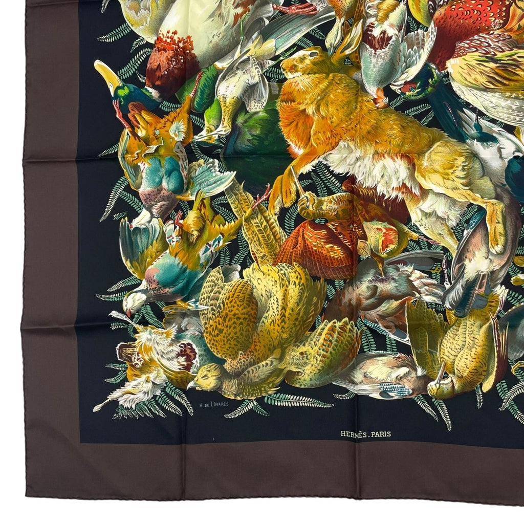 Hermes Scarf Carre 90 Gibiers Henri de Linares Hunting Birds and Beasts Brown — view 4