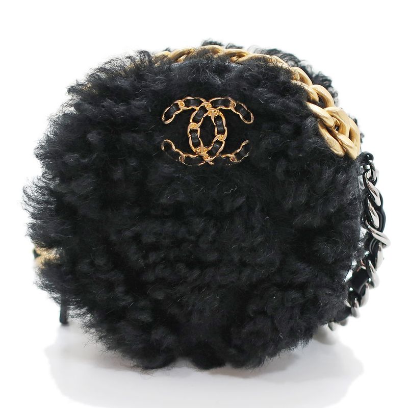 Chanel Round Shearling Shoulder Bag 19 Black Ap0945 Gold Chain — view 3