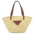 Prada Tote Bag Woven Palm Leather Straw Natural Cognac Basket Triangle Logo