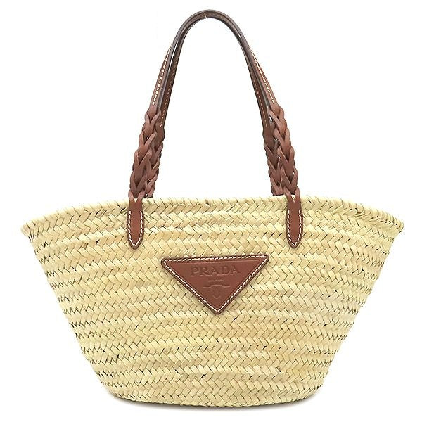 Prada Tote Bag Woven Palm Leather Straw Natural Cognac Basket Triangle Logo