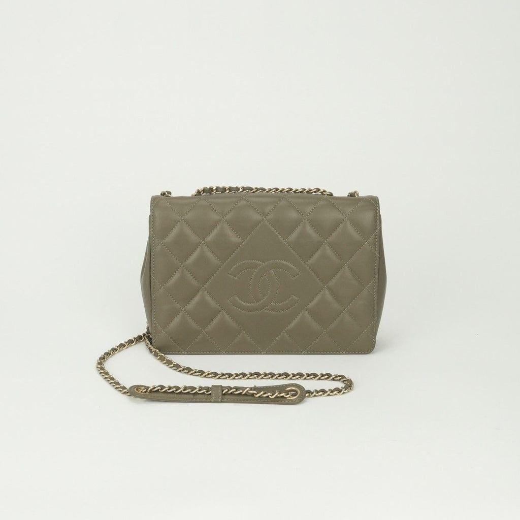 Chanel Quilted Shoulder Bag Lambskin Khaki Green Gold Chain Bag CC Logo Single