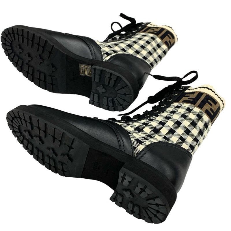 Fendi Rococo Boots Short Shoes Zucca Check Lace Up Leather Fabric Black — view 6