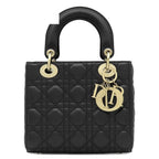 Dior 2-Way Bag Lady Small Lambskin Black Gold Shoulder Handbag Cannage