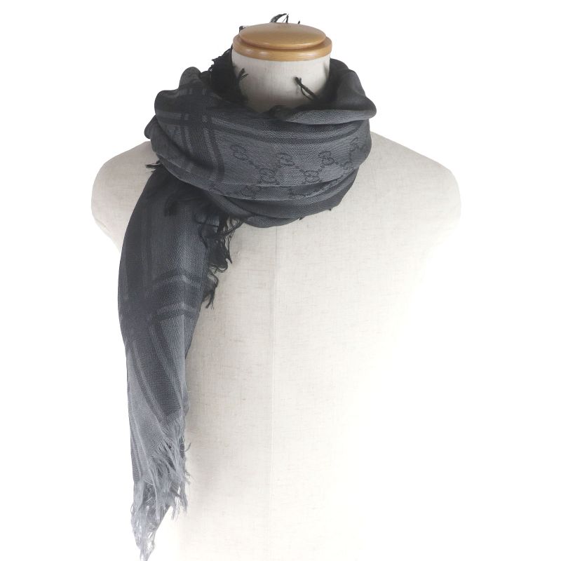 Gucci Wool Silk GG Logo Diamante Checked Fringe Stole Scarf Shawl Gray — view 2