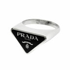 Prada Triangle Logo Symbol Ring Silver Black