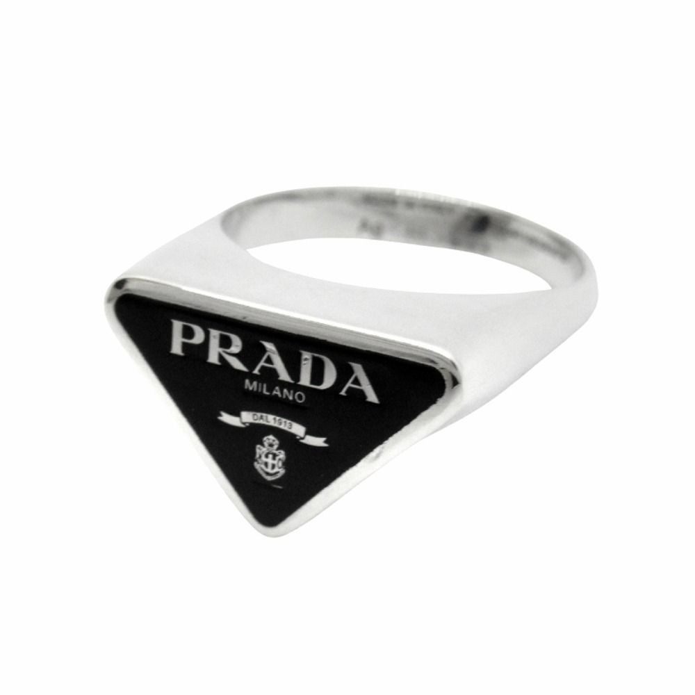 Prada Triangle Logo Symbol Ring Silver Black
